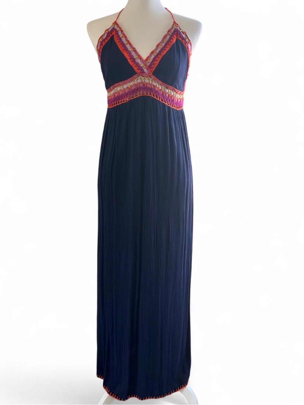 Indigo Rein Boho Crochet Trim Navy Halter Maxi Dress Size M